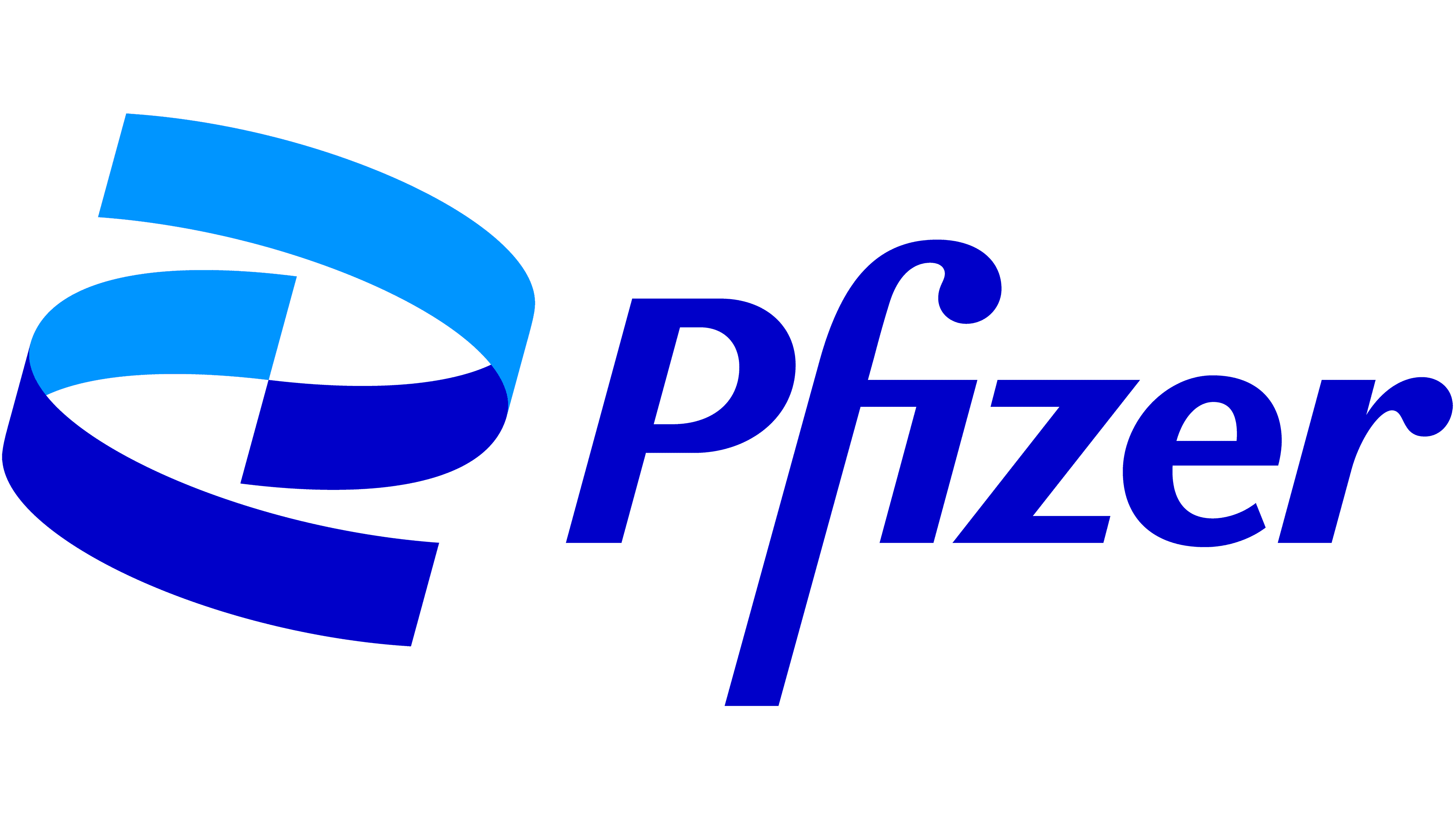 Pfizer Logo with blue letters and a blue ribbon graphic