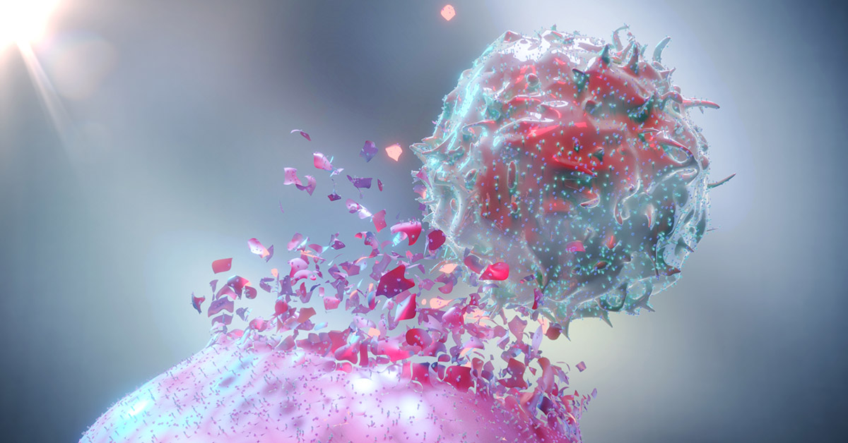 An artistic depiction of a red and blue cell bursting out of a larger fuchsia cell, leaving fragments of it floating around.