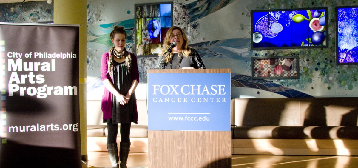 Pathways mural, by Meg Saligman and Emilie Ledieu, in the Fox Chase Cancer Center cafeteria.