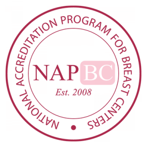A red and pink circular logo reading, "National Accreditation Program for Breast Centers," and "NAPBC Est. 2008."