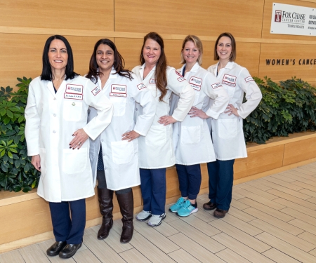 Susan Rux (center) joined by co-investigators (L-R) Kimberly Costello, Rutika Kokate, Kristin Virag and Courtney Lambert, members of the Office of Clinical Research at Fox Chase