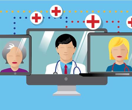 A blue diagram showing a connection between various medical professionals on different screens.