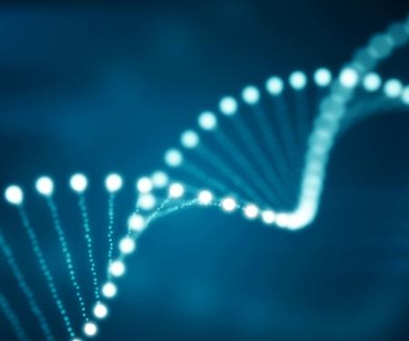 A digital rendition of a glowing double helix, artistically representing DNA in shades of blue.