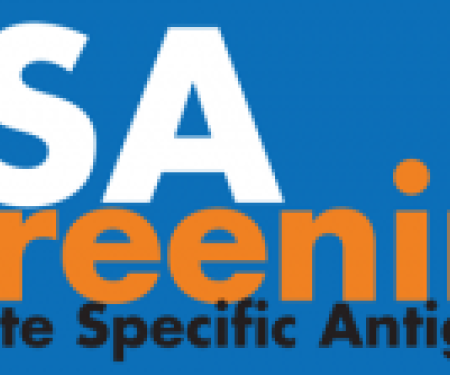 A blue poster with white, orange, and black text reading, "PSA Screening, Prostate Specific Antigen."