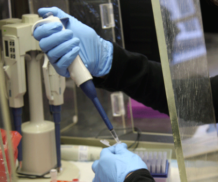 A close up photo of two gloved hands using a long cylindrical medical tool to put liquid into a small vial.