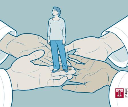 A drawing of four doctor's hands stretching towards the center of the image, with a tiny person standing where their hands meet.